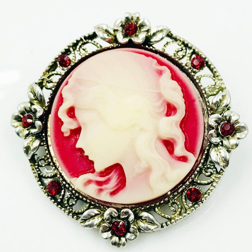 Red Cameo Crystal Glass Rhinestone Brooch